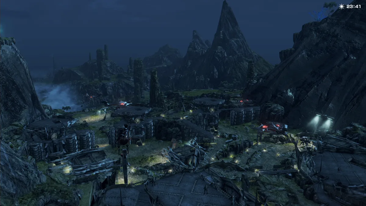 岩盤要塞・夜│高所から見下ろす岩盤要塞と滝断層の島(Night elevated view of Bedrock Hold and Fallshorn Isle)