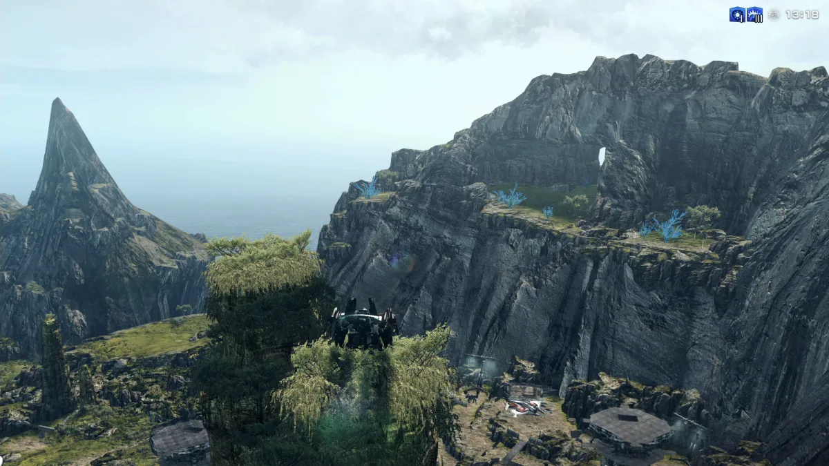瞠目の崖・午後│石柱の上から見下ろす岩盤要塞と瞠目の崖裏(Afternoon at Wonderment Bluff │ Standing atop a stone pillar, looking down at Bedrock Hold and the rear of Wonderment Bluff)