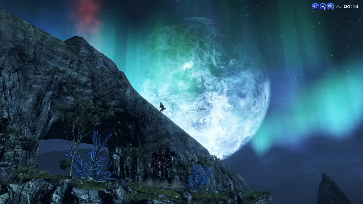 瞠目の崖・深夜│瞠目の崖から見上げるオーロラの星空に浮かぶブラッド・ウスペルのシルエットと巨大な天体(Late Night at Wonderment Bluff │ Silhouette of Blood Vesper and a single massive celestial body floating in the aurora-filled night sky viewed from Wonderment Bluff)