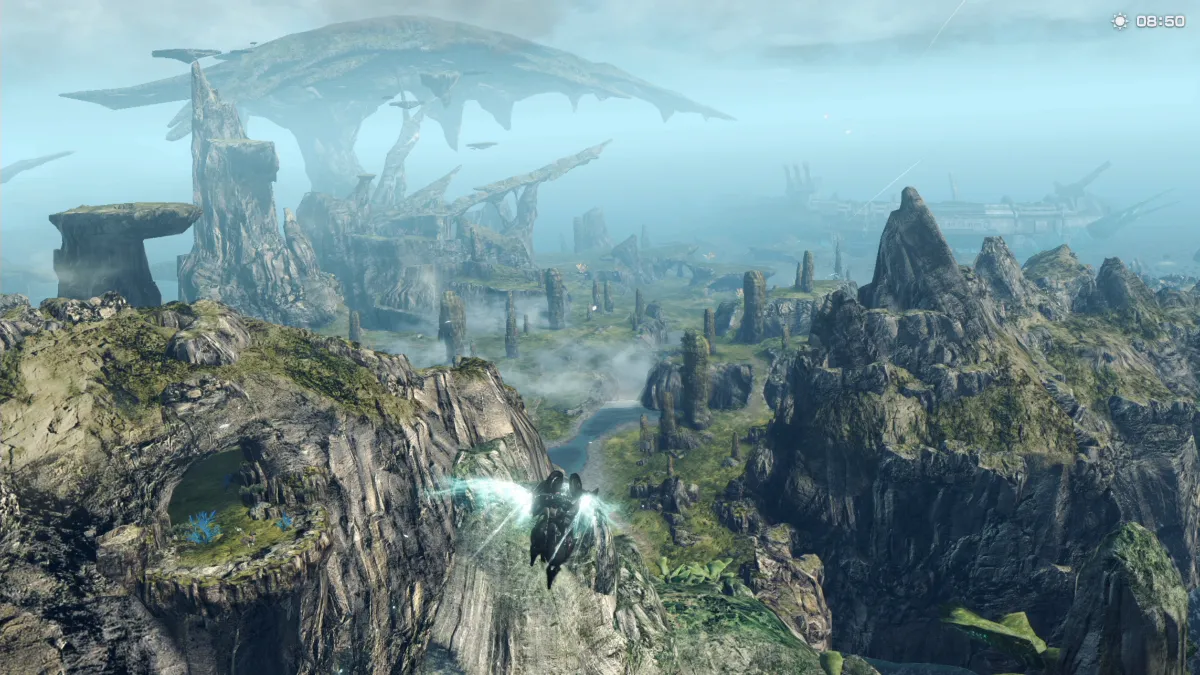 瞠目の崖・朝│上空から見る瞠目の崖、遠景には滝断層の島・ビアーノ平原・鉤爪岩・NLA(Morning at Wonderment Bluff │ Aerial view of Wonderment Bluff with Fallshorn Isle, Biahno Grassland, Talon Rock, and NLA in the distance)